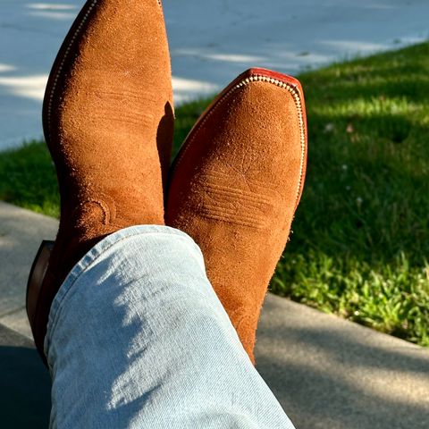 View photo of Heritage Boot Co. Camel Ranch Hand French Toe in Calfskin Roughout