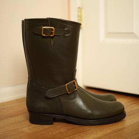 View photo of Y'2 Leather Engineer Boot in Olive Eco Horse