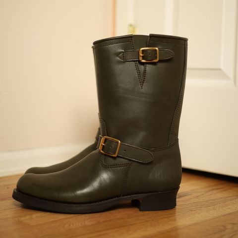 View photo of Y'2 Leather Engineer Boot in Olive Eco Horse