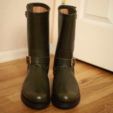 View photo of Y'2 Leather Engineer Boot in Olive Eco Horse