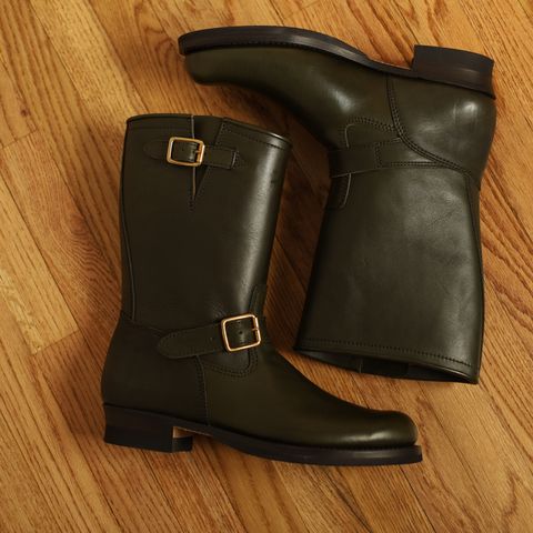 View photo of Y'2 Leather Engineer Boot in Olive Eco Horse