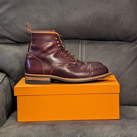 View photo of Bordon Tukano Boots in Wickett & Craig Burgundy Oiled Latigo