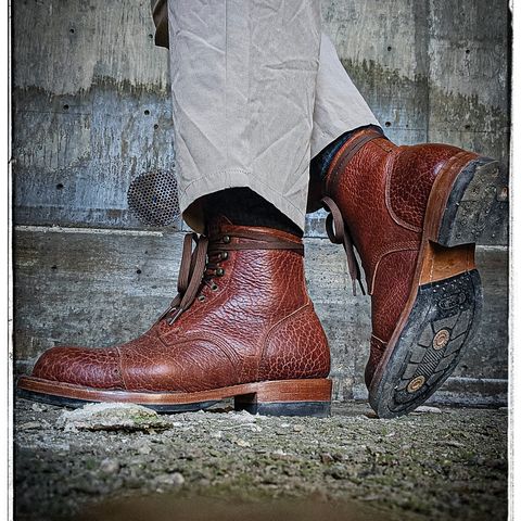 Prof Barnets Bulky Cap Toe Boots in Seidel Peanut Shrunken Bison