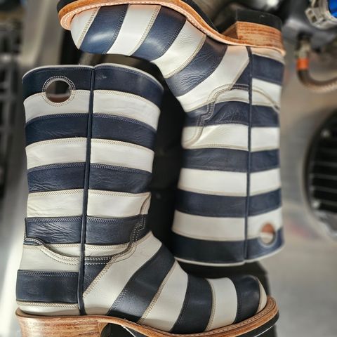 Search result thumbnail of Open Road Boots Striped in Navy Glass Calf, White Chrome Tanned