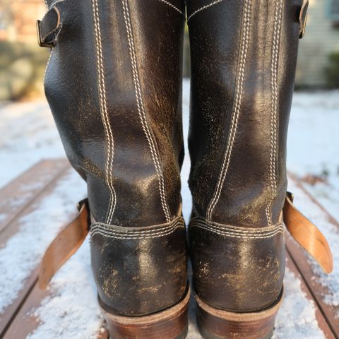 View photo of Willie's Handmade Boots Custom Model in Horween Dark Olive Waxed Flesh