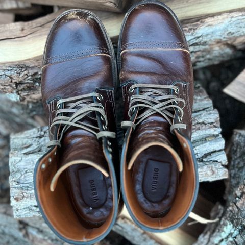 View photo of Viberg Service Boot in Shinki Dark Brown Oiled Horsebutt