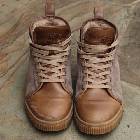 View photo of Goral x Rose Anvil Muggs in Horween Natural Chromexcel & Goral Irish Shearling