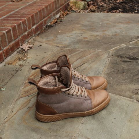 View photo of Goral x Rose Anvil Muggs in Horween Natural Chromexcel & Goral Irish Shearling