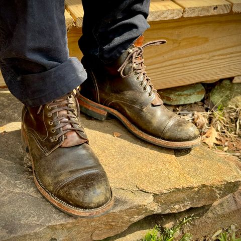 View photo of Bordon Tukano Boots in Wickett & Craig Olive H Latigo