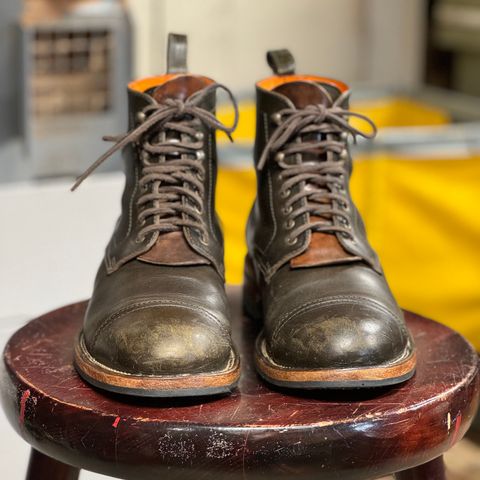 View photo of Bordon Tukano Boots in Wickett & Craig Olive H Latigo