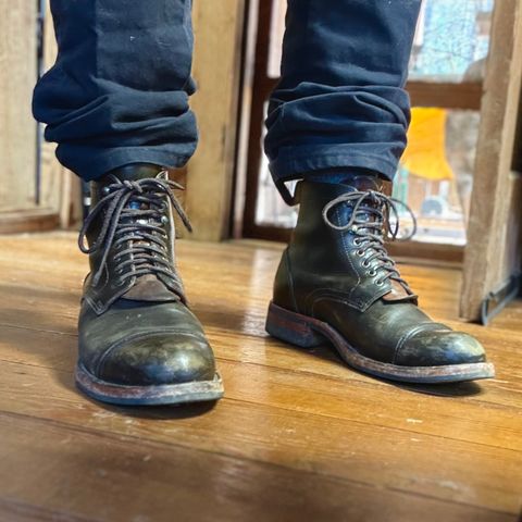 View photo of Bordon Tukano Boots in Wickett & Craig Olive H Latigo