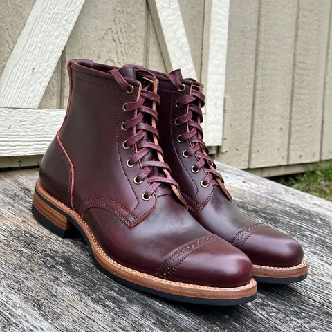 View photo of Flame Panda Brogue Cap Toe Service Boot in Maryam Burgundy-Overdyed Horsebutt