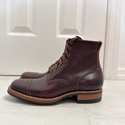 View photo of Flame Panda Brogue Cap Toe Service Boot in Maryam Burgundy-Overdyed Horsebutt