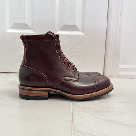 View photo of Flame Panda Brogue Cap Toe Service Boot in Maryam Burgundy-Overdyed Horsebutt