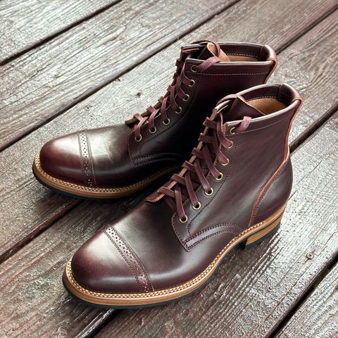Flame Panda Brogue Cap Toe Service Boot in Maryam Burgundy-Overdyed Horsebutt
