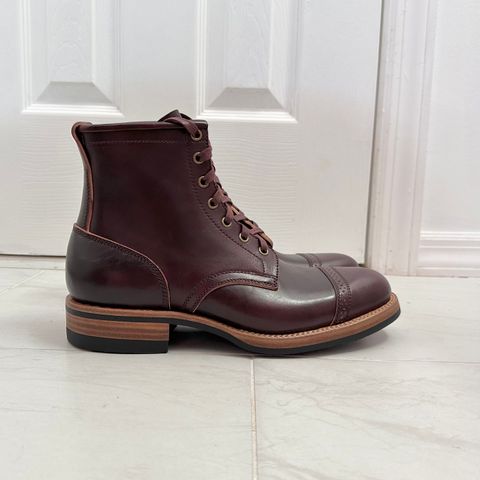 Flame Panda Brogue Cap Toe Service Boot in Maryam Burgundy-Overdyed Horsebutt