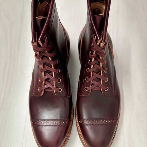 Flame Panda Brogue Cap Toe Service Boot in Maryam Burgundy-Overdyed Horsebutt