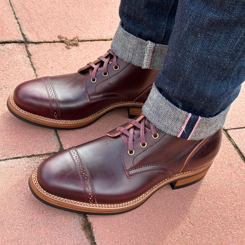 Flame Panda Brogue Cap Toe Service Boot in Maryam Burgundy-Overdyed Horsebutt