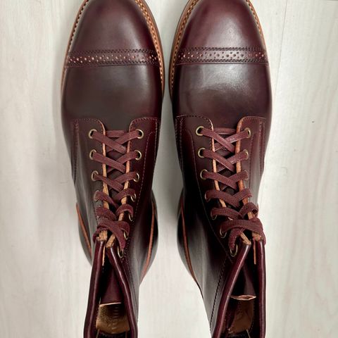 Flame Panda Brogue Cap Toe Service Boot in Maryam Burgundy-Overdyed Horsebutt
