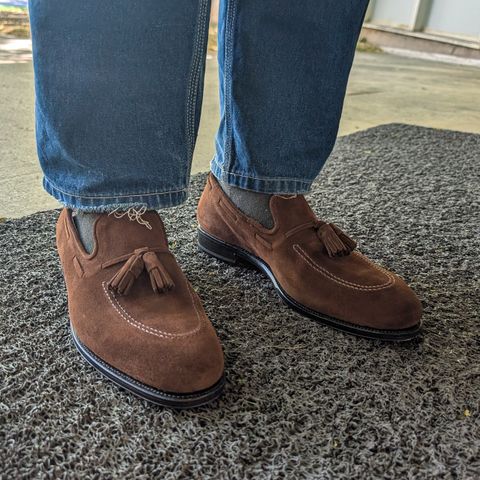 Bridlen Tassel Loafer in C.F. Stead Chocolate Repello Calf Suede