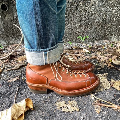 View photo of Flame Panda Monkey Boot in Tochigi Natural Cowhide & Maryam Natural Horsebutt