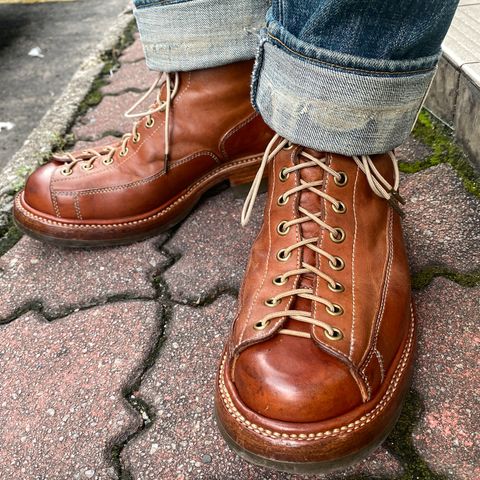 View photo of Flame Panda Monkey Boot in Tochigi Natural Cowhide & Maryam Natural Horsebutt