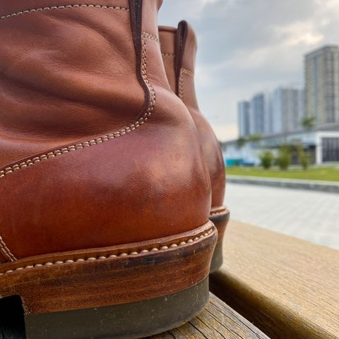 View photo of Flame Panda Monkey Boot in Tochigi Natural Cowhide & Maryam Natural Horsebutt