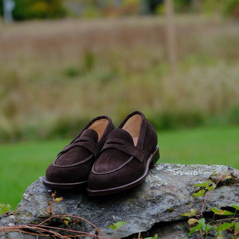 Grant Stone Clara Penny Loafer in C.F. Stead Espresso Repello Calf Suede