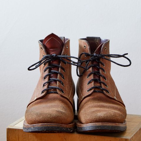 View photo of Unsung U 22-1 Slog Boot in Wickett & Craig Chestnut Oiled Latigo Roughout