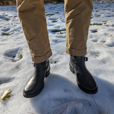 View photo of Addict Boots AB-01 Engineer Boots in Black Dye-Finished Horsehide