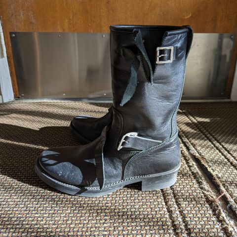 View photo of Addict Boots AB-01 Engineer Boots in Black Dye-Finished Horsehide