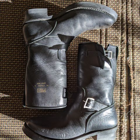 View photo of Addict Boots AB-01 Engineer Boots in Black Dye-Finished Horsehide