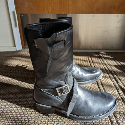 View photo of Addict Boots AB-01 Engineer Boots in Black Dye-Finished Horsehide