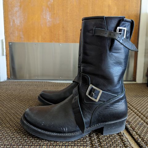 View photo of Addict Boots AB-01 Engineer Boots in Black Dye-Finished Horsehide