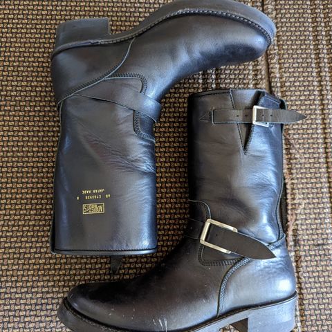 View photo of Addict Boots AB-01 Engineer Boots in Black Dye-Finished Horsehide