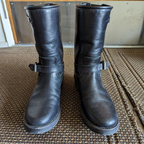 View photo of Addict Boots AB-01 Engineer Boots in Black Dye-Finished Horsehide