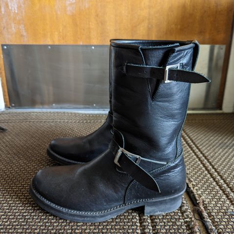 View photo of Addict Boots AB-01 Engineer Boots in Black Dye-Finished Horsehide