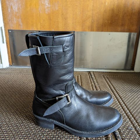 View photo of Addict Boots AB-01 Engineer Boots in Black Dye-Finished Horsehide