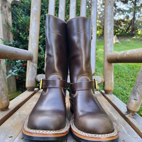 View photo of White's Nomad Engineer Boots in Horween Olive Waxed Flesh