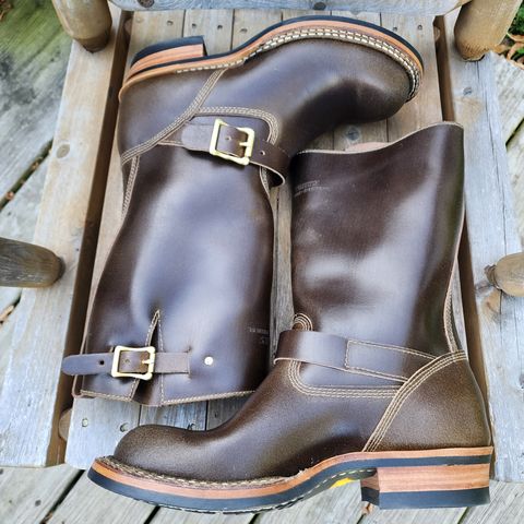 View photo of White's Nomad Engineer Boots in Horween Olive Waxed Flesh