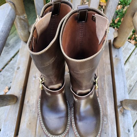 View photo of White's Nomad Engineer Boots in Horween Olive Waxed Flesh