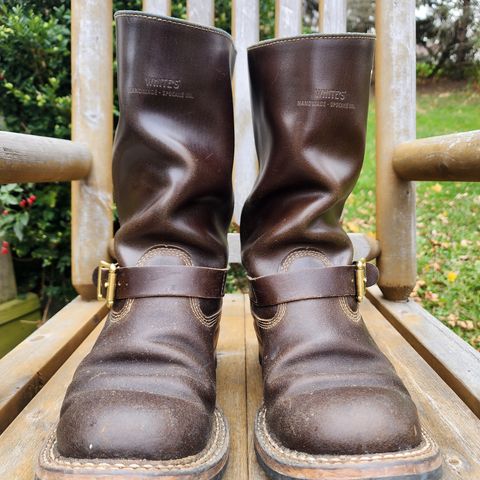 View photo of White's Nomad Engineer Boots in Horween Olive Waxed Flesh