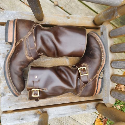 View photo of White's Nomad Engineer Boots in Horween Olive Waxed Flesh