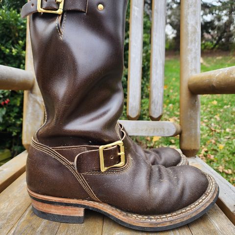 View photo of White's Nomad Engineer Boots in Horween Olive Waxed Flesh