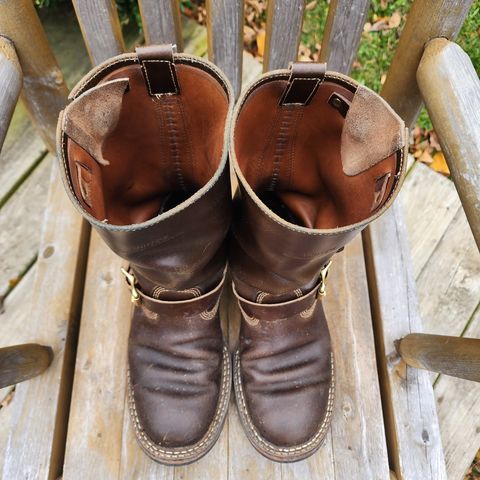 View photo of White's Nomad Engineer Boots in Horween Olive Waxed Flesh