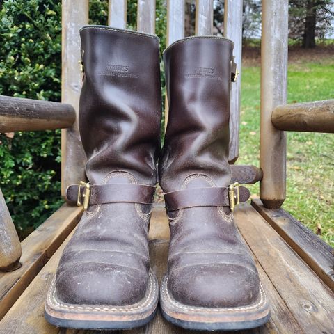 View photo of White's Nomad Engineer Boots in Horween Olive Waxed Flesh