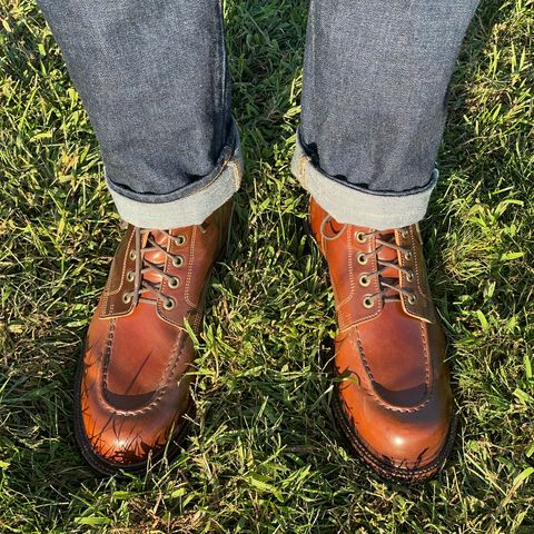 View photo of Grant Stone Brass Boot in Horween Garnet Shell Cordovan