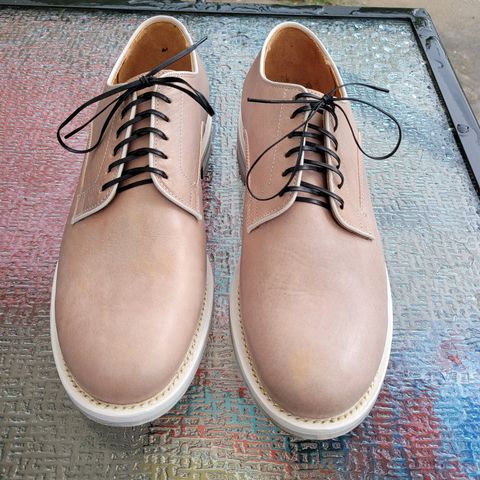 View photo of Viberg Derby Shoe in Used White Horsehide