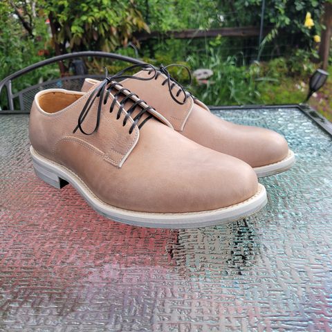 View photo of Viberg Derby Shoe in Used White Horsehide