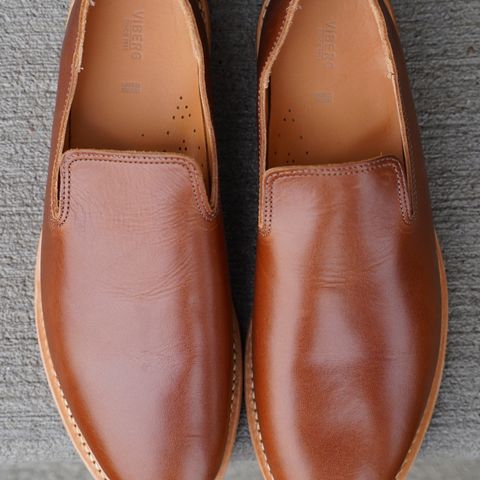 View photo of Viberg Slipper in C.F. Stead Dark Snuff Regency Calf